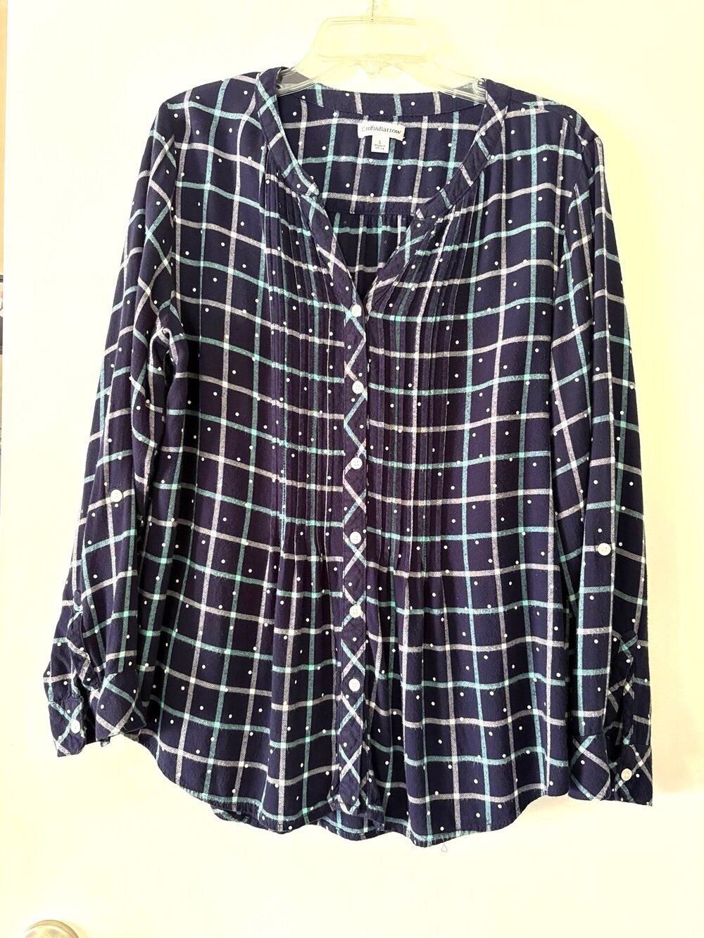 Navy Plaid Tunic Blouse Cozy L Barnyard Farmhouse Cottage Dainty Croft Barrow - Picture 2 of 8